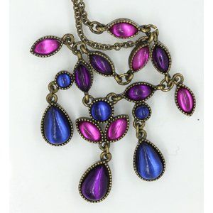 VINTAGE Avon SAQ rhinestone chandelier necklace blue, purple, pink. brass 20"